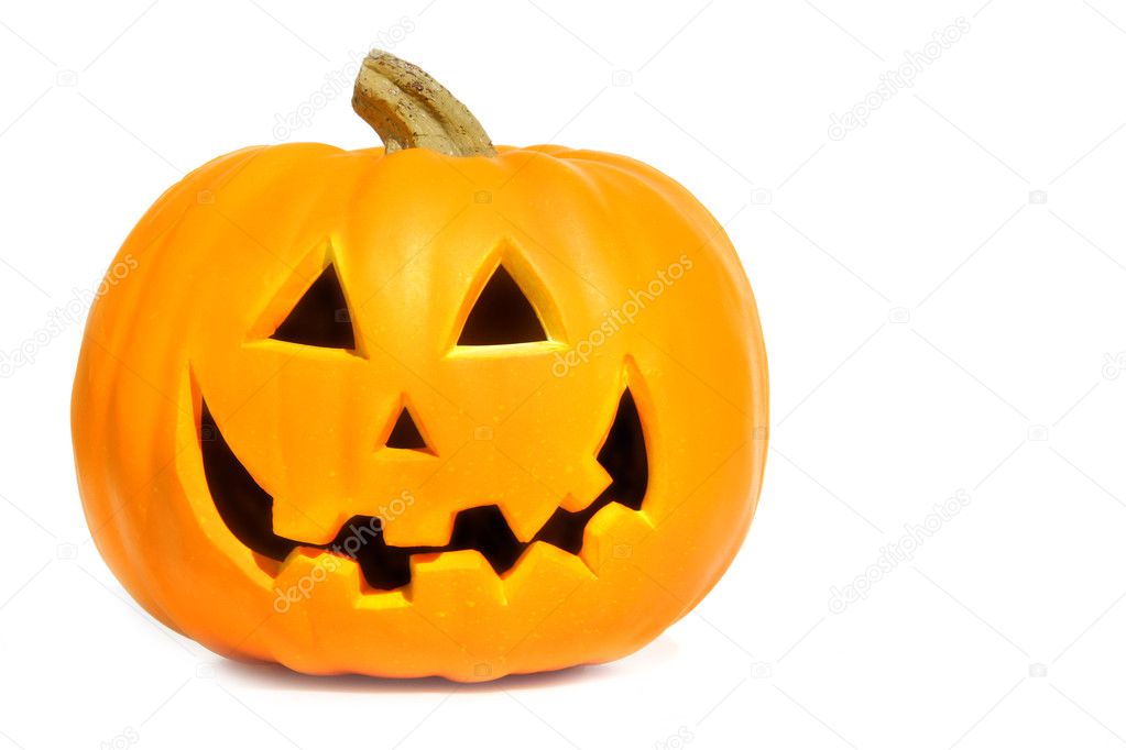 Pumpkin with halloween phrases on white