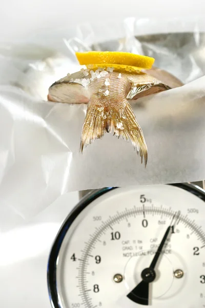 stock image Fish with lemon slice on weight scale