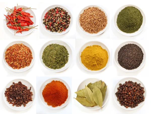 Mängd olika kryddor i skålar — Stockfoto