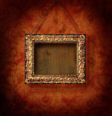 Golded picture frame on antique wallpaper clipart