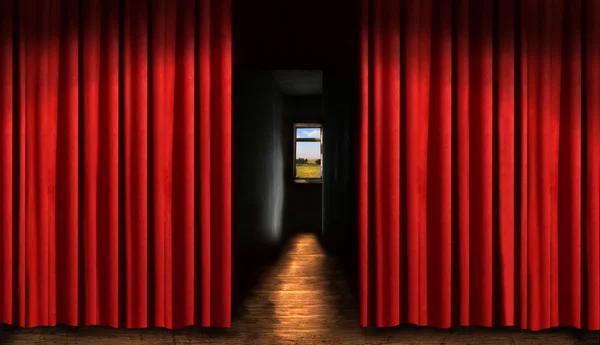 Rode theater gordijn met venster en tegenspeler in dark shadows — Stockfoto