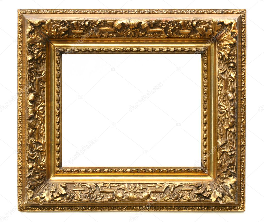 Old cracked gilded frame on white