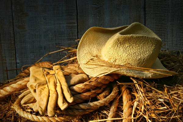Slaměný klobouk s rukavicemi na balík sena — Stock fotografie