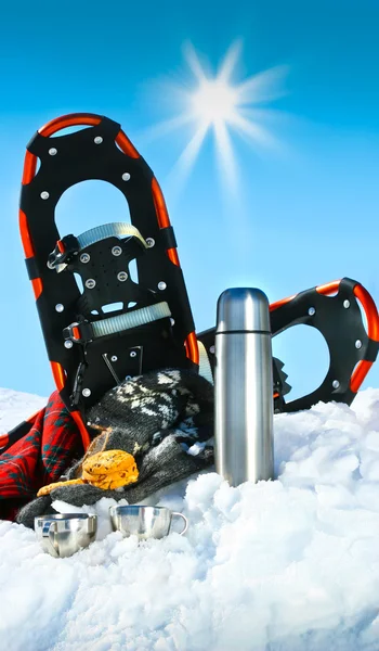 冬季娱乐与热巧克力和饼干在雪中 — 图库照片