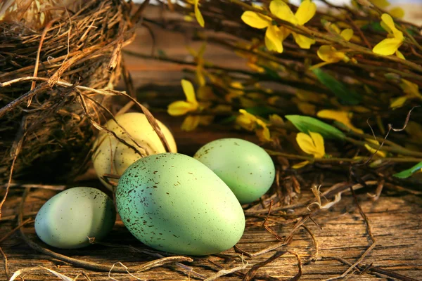 Μικρά Πασχαλινά αυγά που βρίσκονται σε παλιό ξύλο — Φωτογραφία Αρχείου