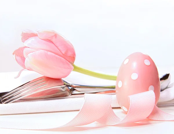 Primo piano di tulipano e utensili su rosa pallido — Foto Stock