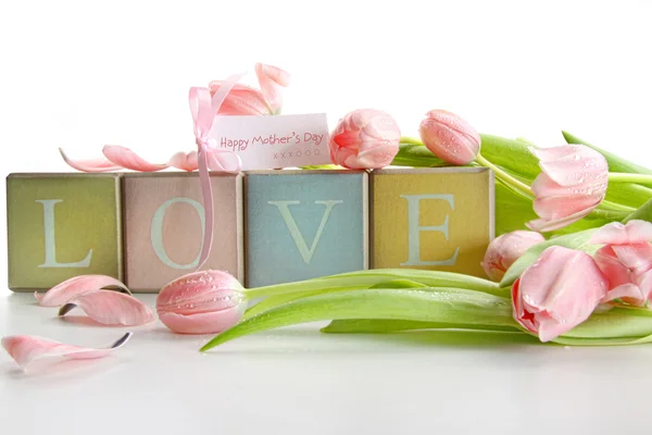 Bloques de colores con tulipanes y tarjeta regalo —  Fotos de Stock