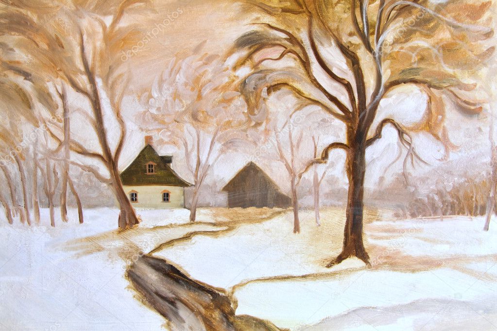 Winter oil painting on canvas