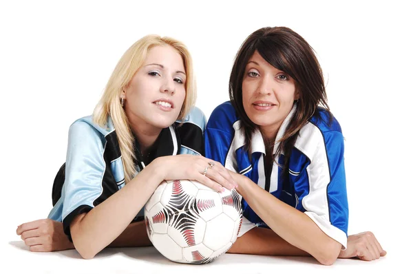 Två fotboll flickor wit bollen. — Stockfoto