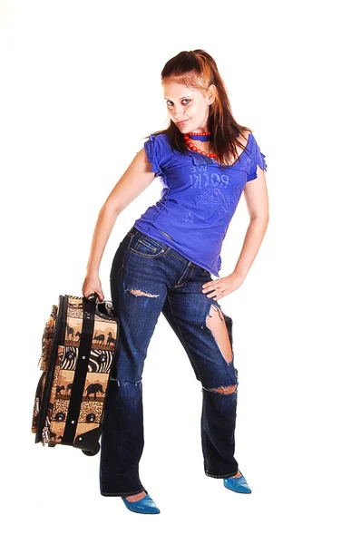 Menina em uma viagem com mala . — Fotografia de Stock