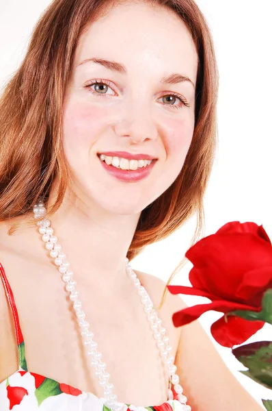 Beautiful woman with red, rose. Stock Photo