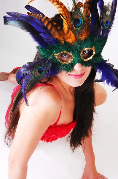 Girl in red lingerie with mask. — Stock Photo, Image