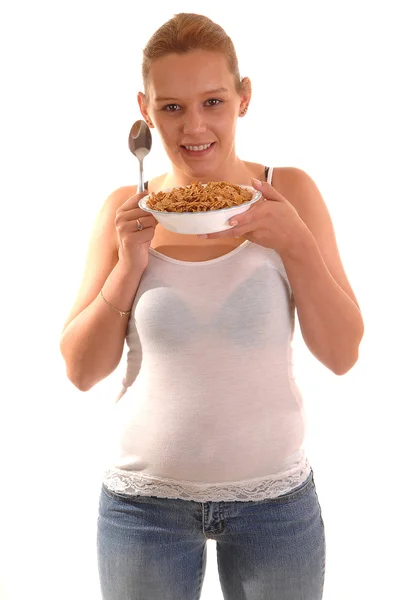 Smiling woman with cereal. — Stock Photo, Image