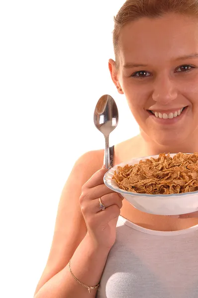 Donna sorridente con cereali . — Foto Stock