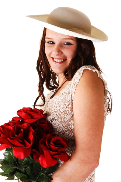 戴帽子和玫瑰的女人. — 图库照片