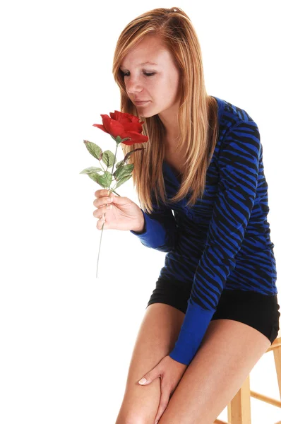 女孩嗅到玫瑰. — 图库照片