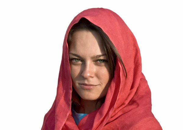 Mooi meisje van een rode sjaal. — Stockfoto