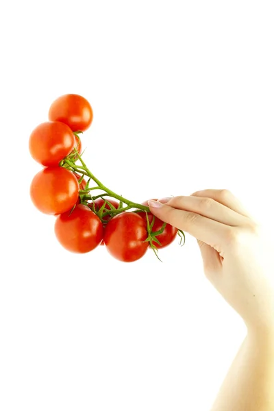 Ζουμερές ντομάτες στο χέρι που απομονώνονται σε λευκό — Φωτογραφία Αρχείου