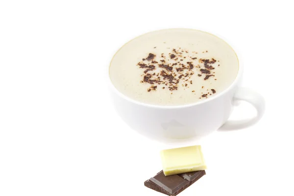 Cappuccino and chocolate isolated on white — Stock Photo, Image