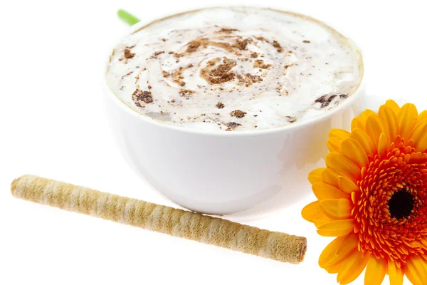 Вафельні рулони капучино і квітка ізольовані на білому — стокове фото