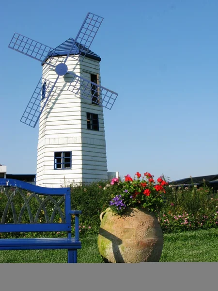 Blå väderkvarn med blomma — Stockfoto