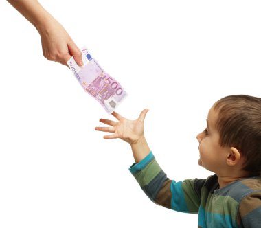 Mom gives pocket money to his son clipart