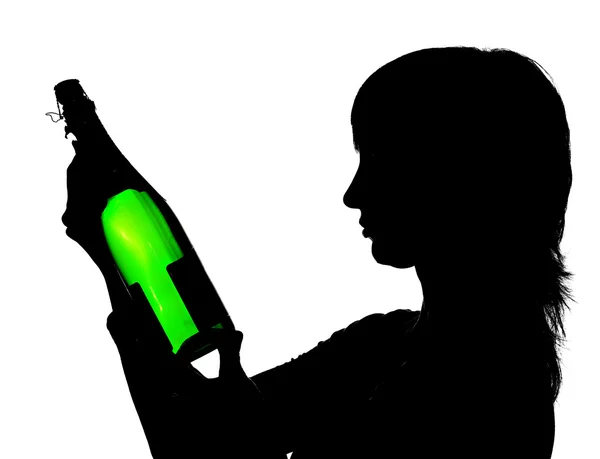 Siluett av kvinna öppnar champagne — Stockfoto