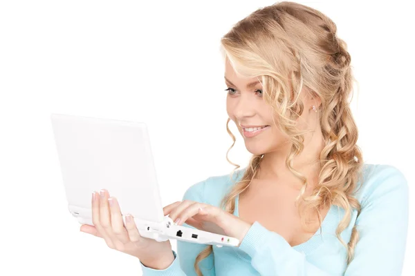 Mujer feliz con ordenador portátil Imagen de archivo