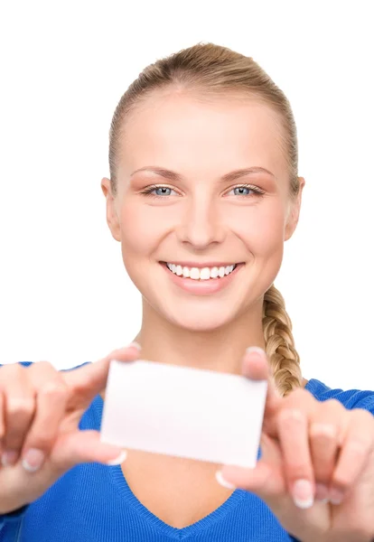 Mujer feliz con tarjeta de visita — Foto de Stock