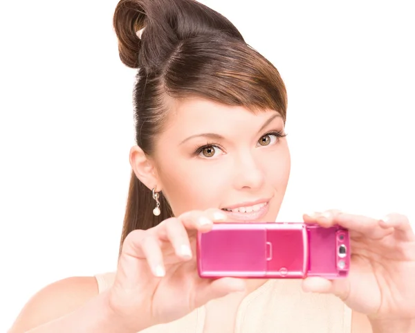 Happy woman using phone camera — Stock Photo, Image