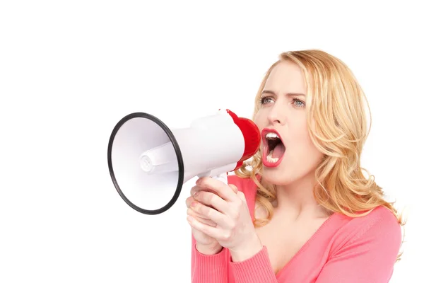 Mulher com megafone — Fotografia de Stock