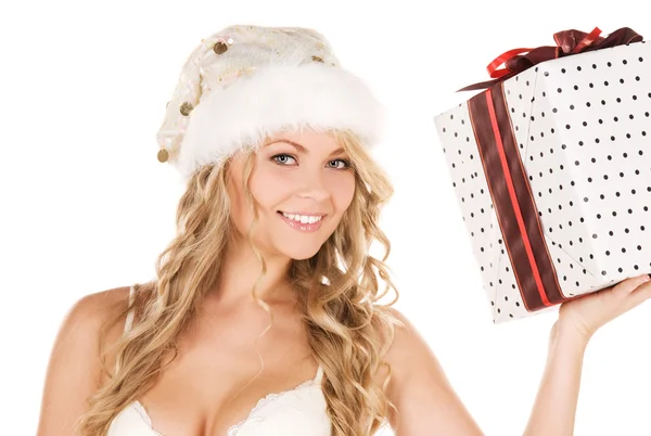 Vrolijke santa helper meisje met doos van de gift — Stockfoto