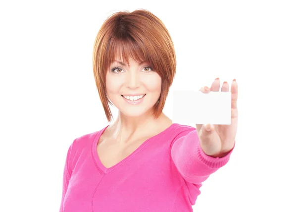 Happy woman with business card — Stock Photo, Image