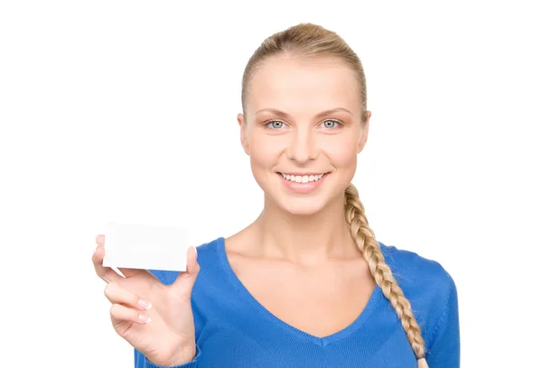 Ευτυχισμένη γυναίκα με επαγγελματική κάρτα — Φωτογραφία Αρχείου