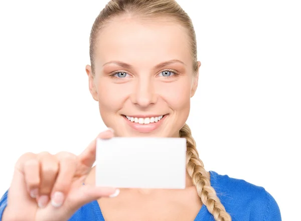 Щаслива жінка з візитною карткою — стокове фото