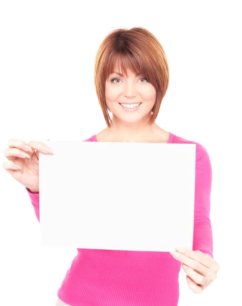 Happy woman with blank board — Stock Photo, Image