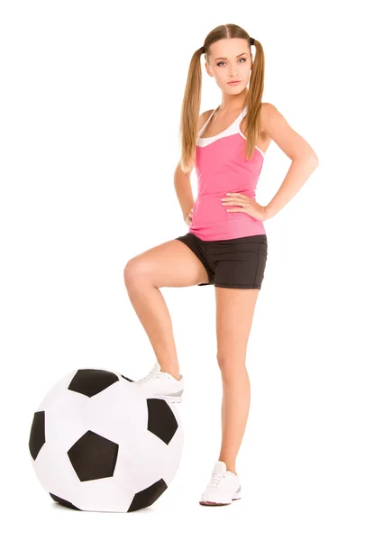 Mujer encantadora con gran pelota de fútbol —  Fotos de Stock