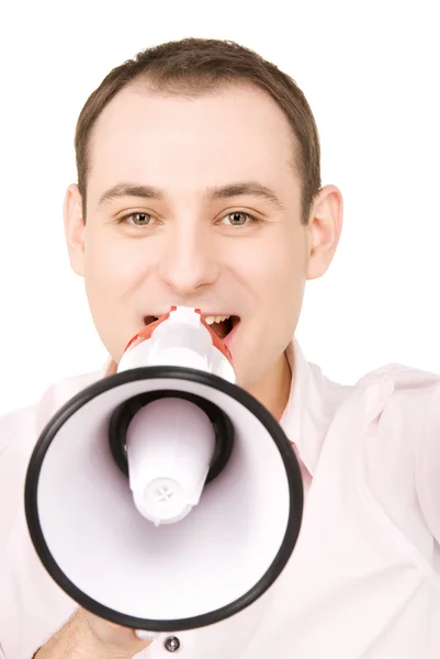 Uomo d'affari con megafono — Foto Stock