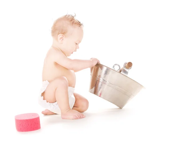 Baby boy with wash-tub — Stock Photo, Image