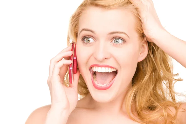 Cep telefonu ile mutlu bir kadın — Stok fotoğraf