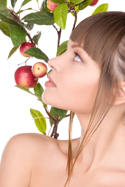 Szép nő, apple gally — Stock Fotó