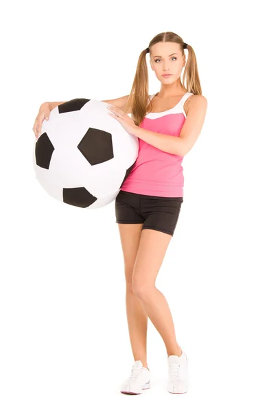 Lovely woman with big soccer ball — Stock Photo, Image
