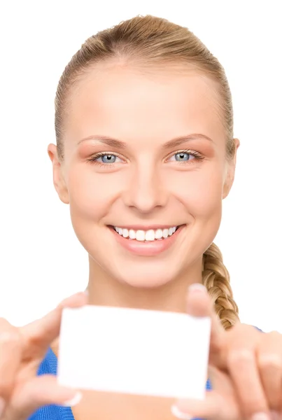 Happy woman with business card Stock Picture