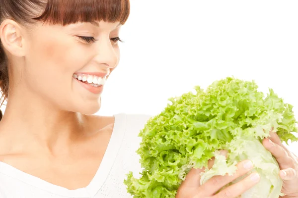 Szép háziasszony saláta felett fehér — Stock Fotó