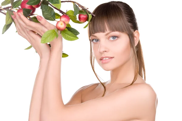 Όμορφη γυναίκα με μήλο κλαδί — Φωτογραφία Αρχείου