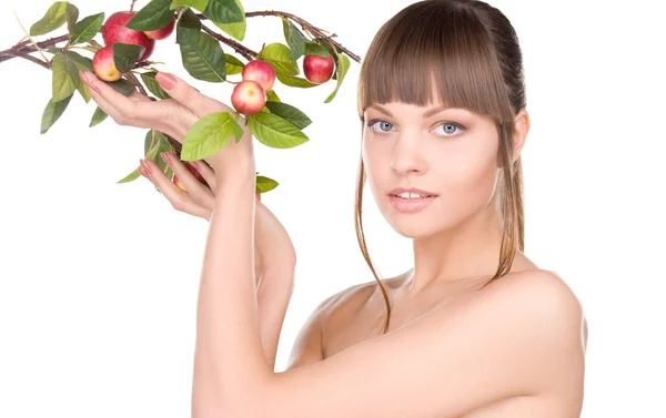 Mujer encantadora con ramita de manzana — Foto de Stock
