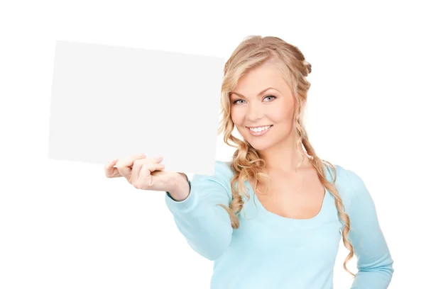 Happy woman with blank board — Stock Photo, Image
