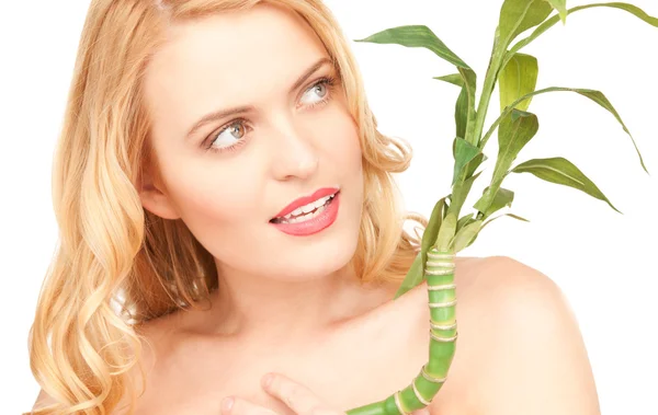 Vrouw met sprout over Wit — Stockfoto