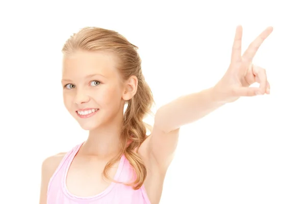 Lovely girl showing victory sign — Stock Photo, Image