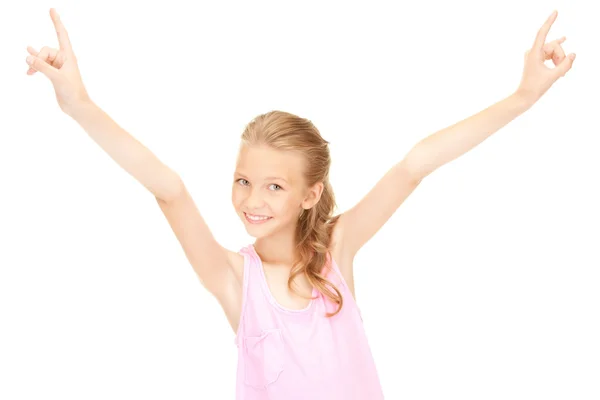 Šťastná dívka ukazuje gesto rohy ďábel — Stock fotografie
